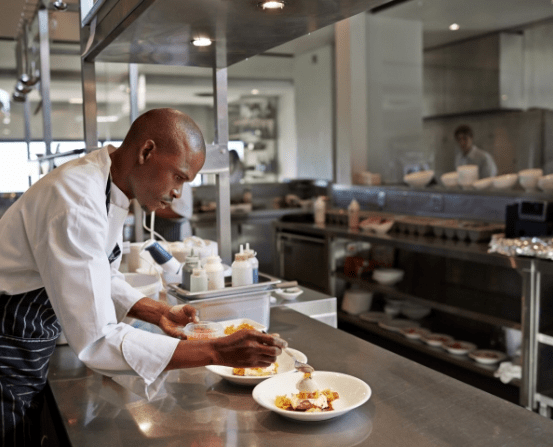 A chef preparing a meal in a modern kitchen
