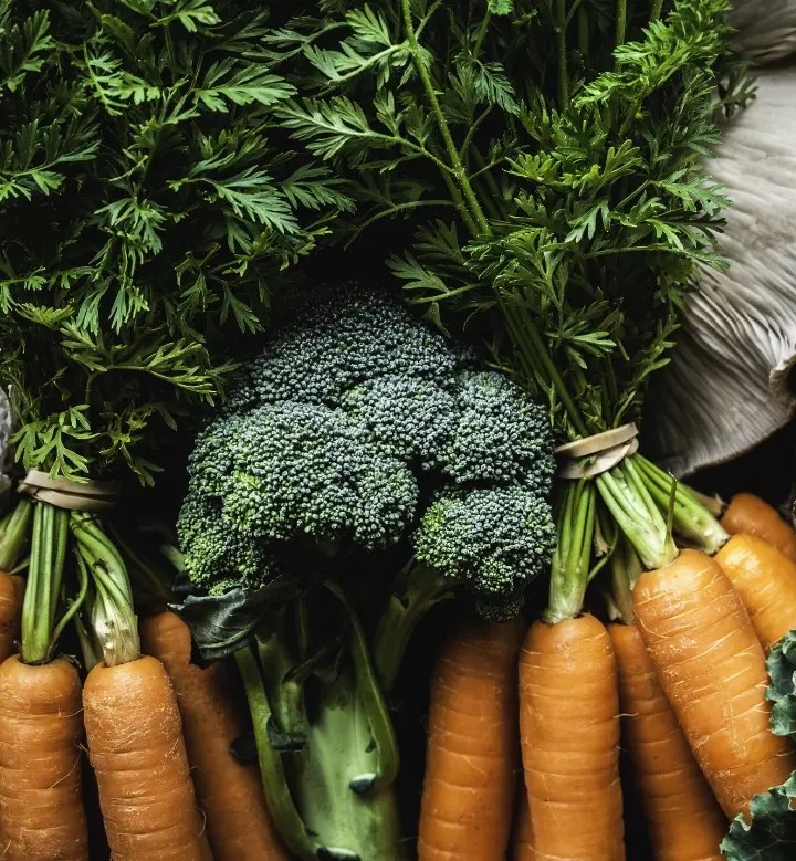 Fresh vegetables including carrots and broccoli