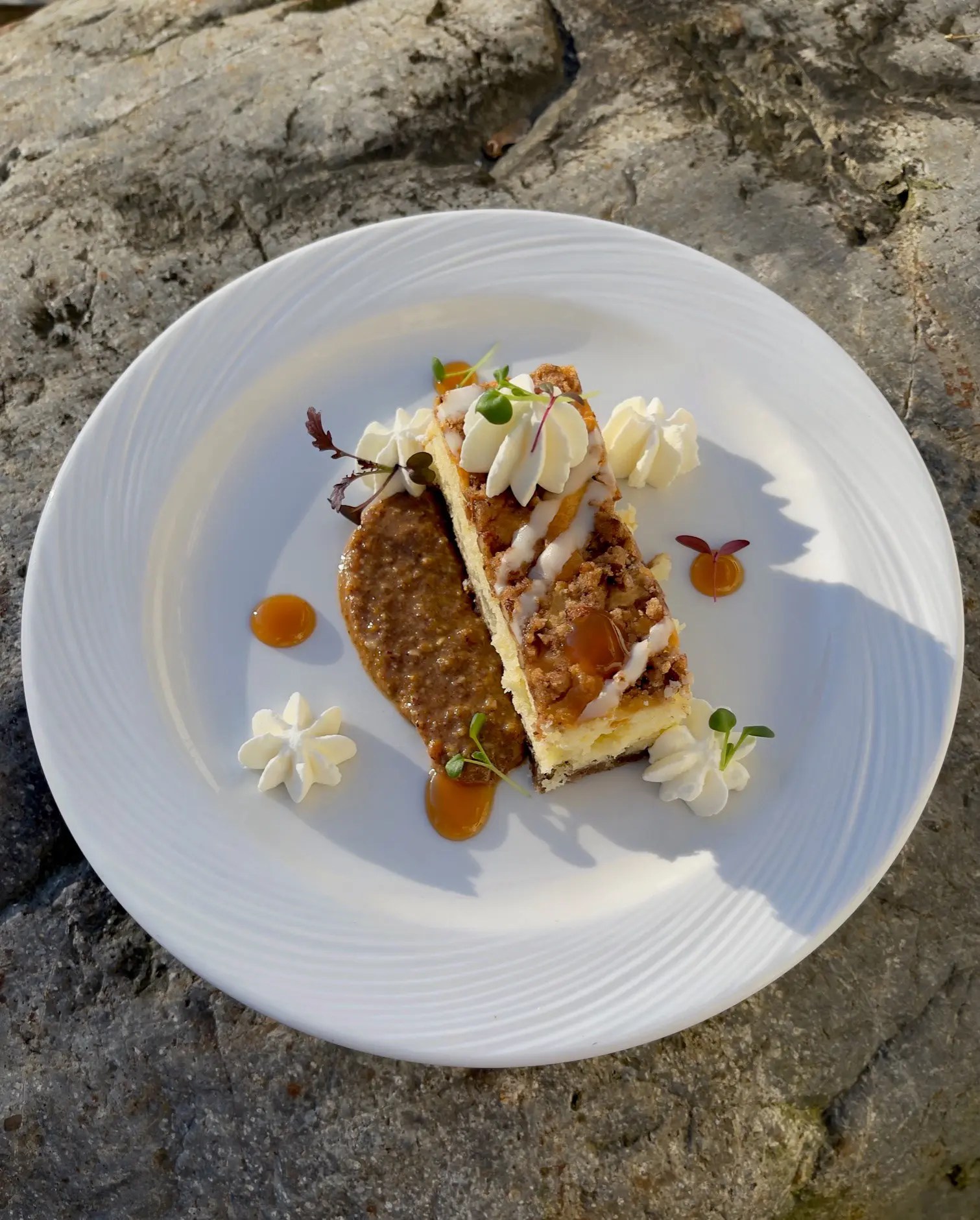 A plated dessert with decorative toppings
