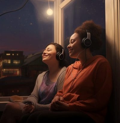 Two young women enjoying music together indoors