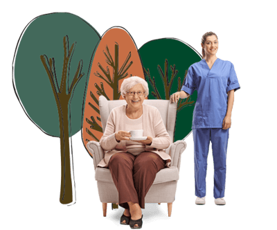 Residents and staff in a stock photo setting