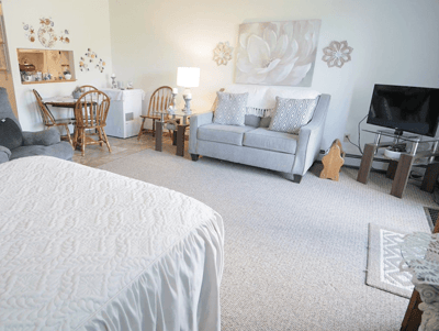 Cozy living space with a comfortable sofa and dining area