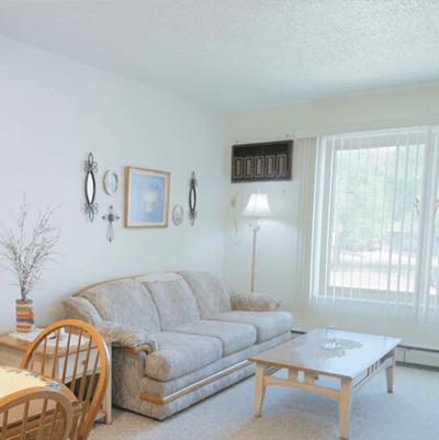 Cozy living area with a couch and coffee table
