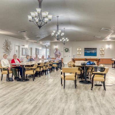 Residents gathered in a spacious common area