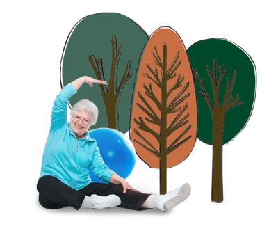 Senior woman exercising in a studio with trees in background