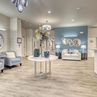 Bright common area with seating and decorations