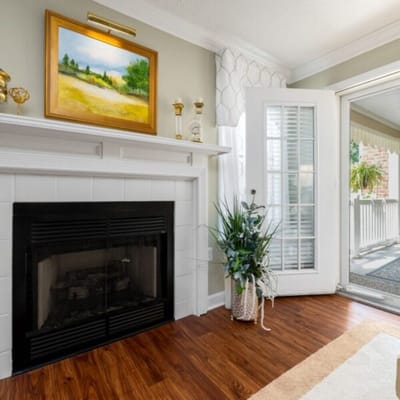 Bright interior space with a fireplace and plants