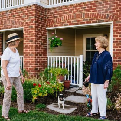 Two residents chatting in a garden area