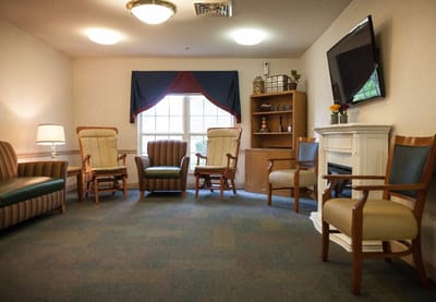 Bright common area with seating and decor