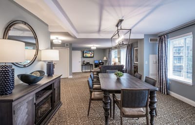 Bright interior dining area with a large table