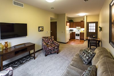 Cozy living area in an assisted living unit