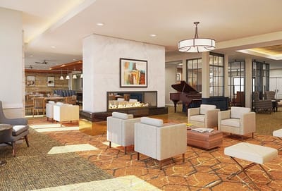 Bright and inviting common area with seating