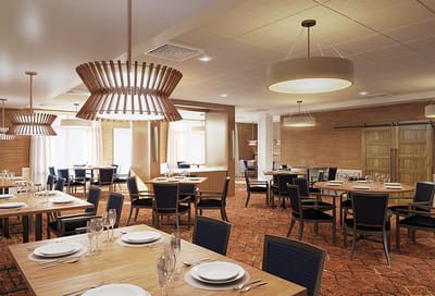Dining area with modern decor and table settings