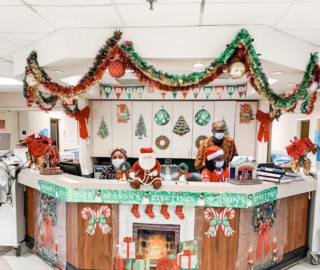 Reception area decorated for the holidays