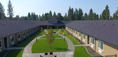 Aerial view of the assisted living facility's courtyard