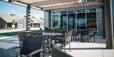 Outdoor seating area under a pergola