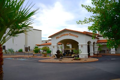 Fellowship Square-Mesa, assisted living in Mesa, AZ — Entrance of Fellowship Square-Mesa with landscaping and fountain