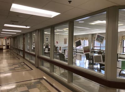 Interior corridor with therapy session materials displayed
