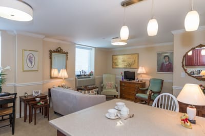 Cozy interior common area with seating and decorations