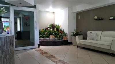 Interior common area with a fountain and seating