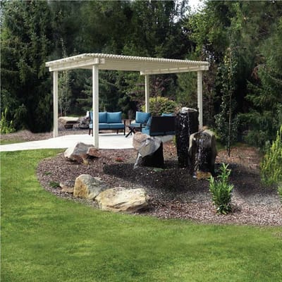 Outdoor patio area with seating and landscaping