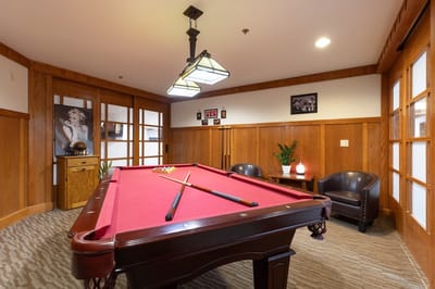A billiards table in a cozy activity room
