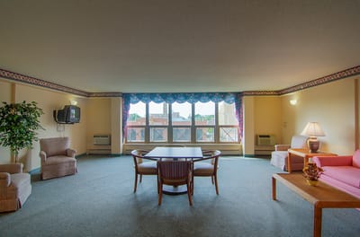 Bright and spacious common area with seating