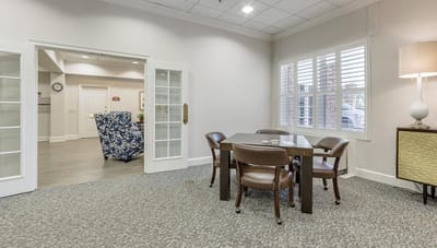 Interior view of a common area with seating