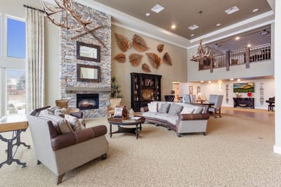 Interior common area with seating and fireplace