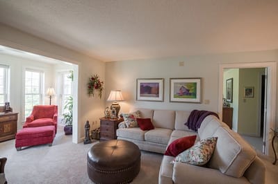 Bright and inviting interior common area with seating