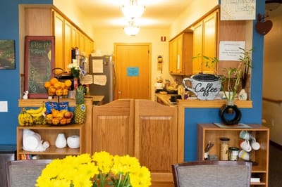 Bright dining area with food and decorations