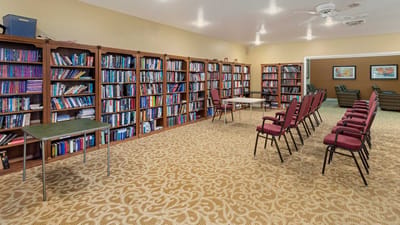 Interior of a library with bookshelves and seating