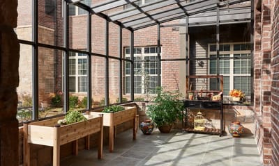 Outdoor space with planters and decorative elements