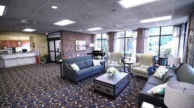 Bright and inviting lobby with seating areas