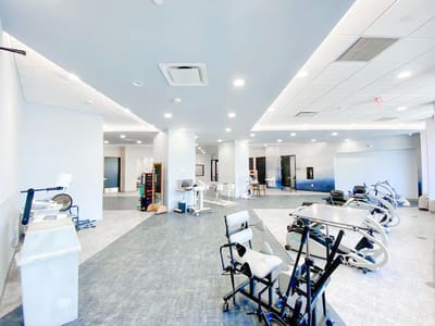 Rehabilitation exercise area with workout equipment