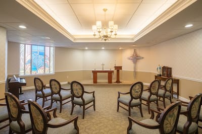 Interior view of a chapel with seating