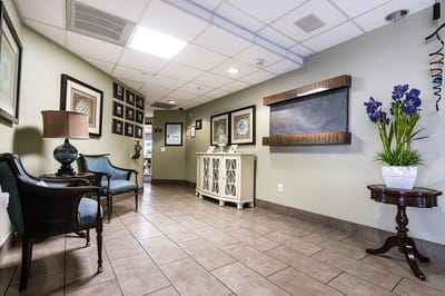 Bright common area with seating and decor