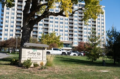 Exterior view of Scottish Rite Park building with sign