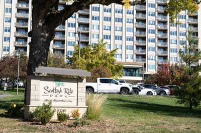 Exterior view of Scottish Rite Park entrance with landscaping