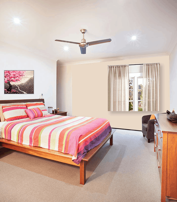 Brightly decorated resident room with a bed and artwork