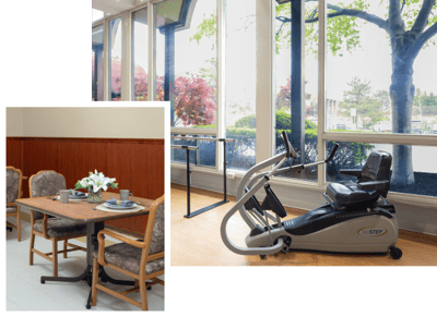 Dining area with table settings and fitness equipment