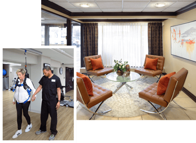 Residents participating in therapy in a bright common area