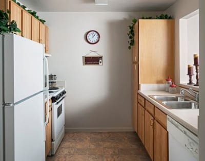 Interior kitchen area with appliances and cabinets