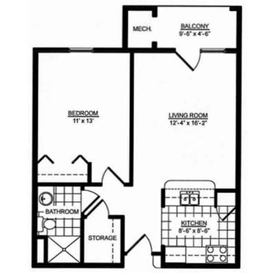 Architectural floor plan of a one-bedroom apartment