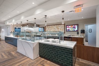 Modern dining area with a food serving area