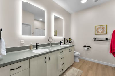 Well-lit bathroom vanities with modern fixtures