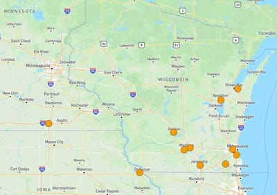 Map showing locations in Wisconsin