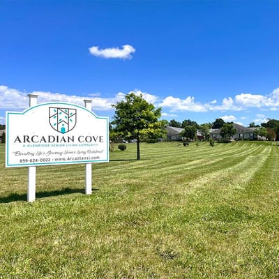 Exterior sign of Arcadian Cove Senior Living facility