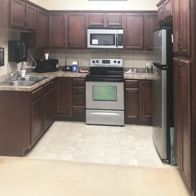 A well-equipped kitchen in a senior living facility