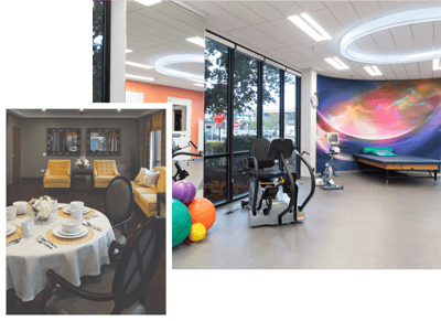 Interior photo showing dining and activity areas